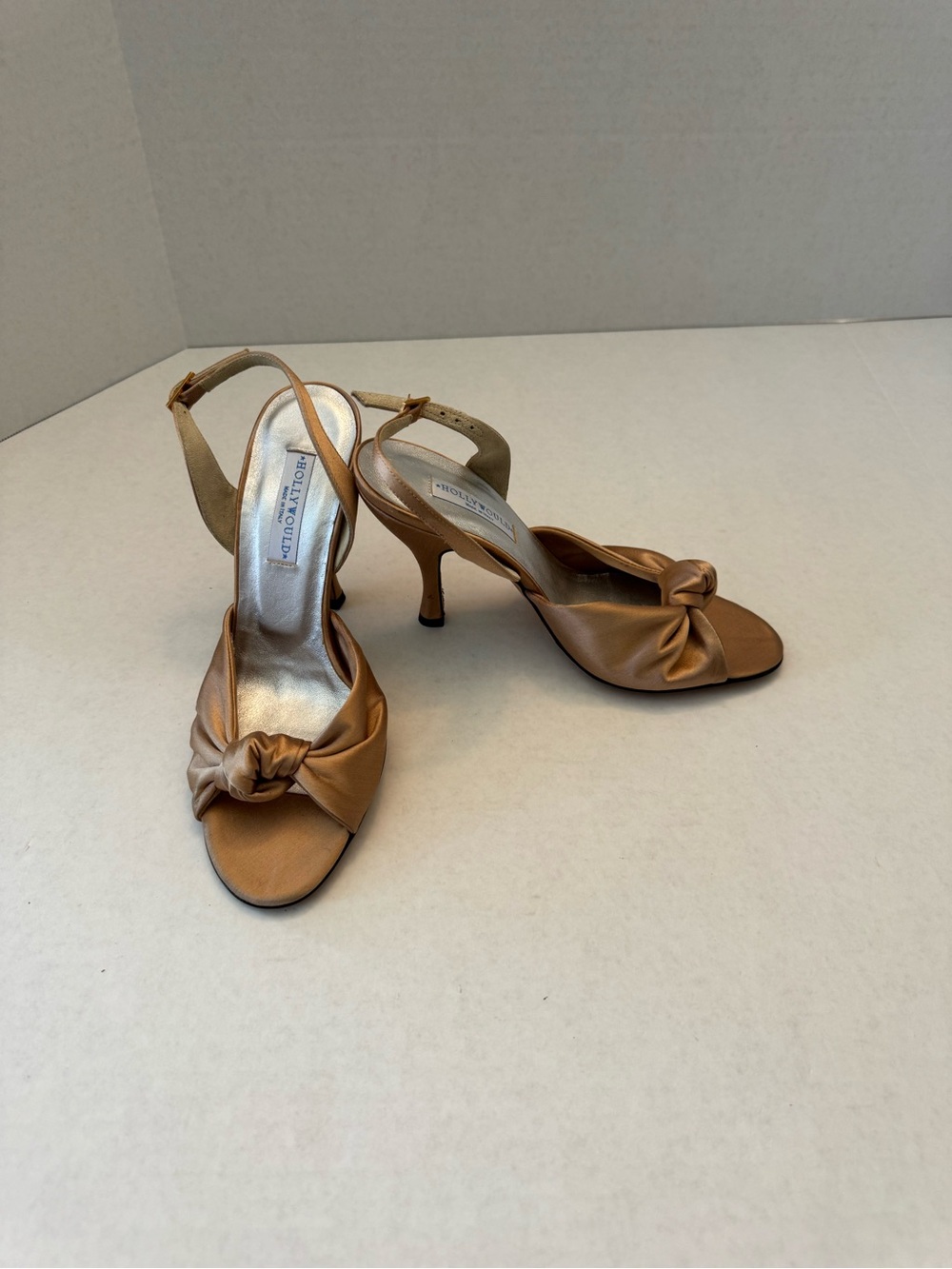 Hollywould Italian Satin Stiletto Mules - Gold Vintage Glam Comfort Size 7